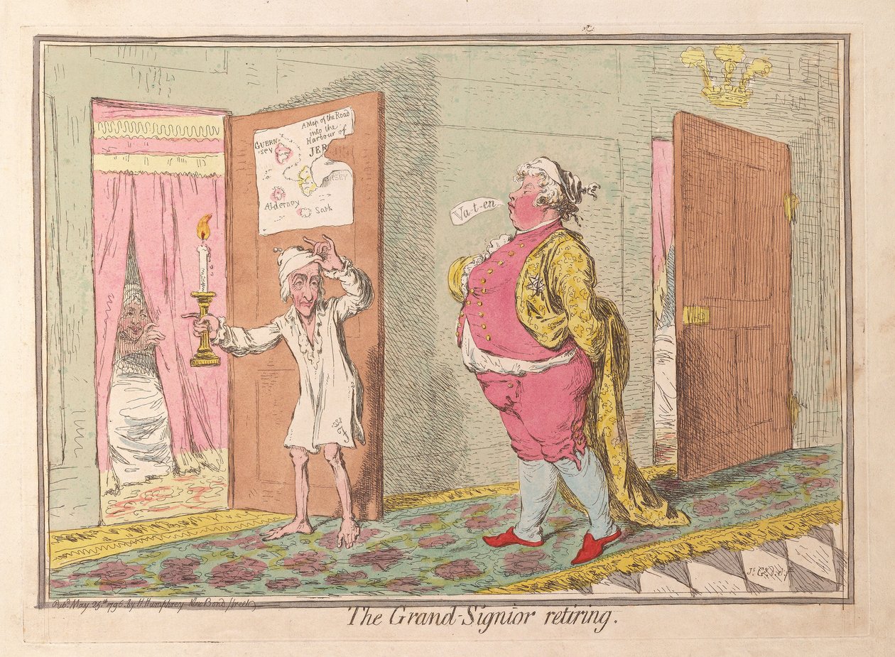O Grand Signior se aposentando, pub. 1796 (gravura colorida à mão) de James Gillray