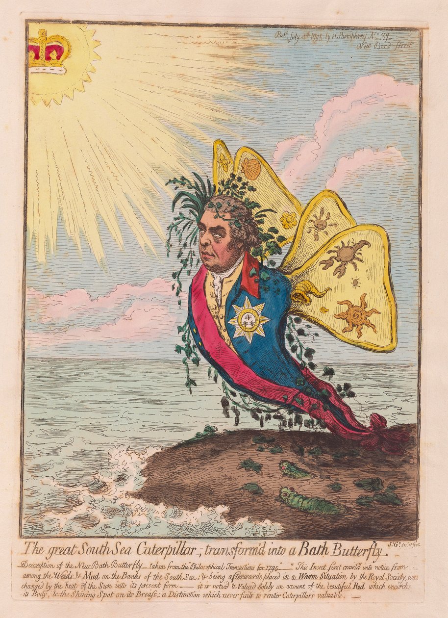 O Great South Sea Caterpillar, transformado em uma borboleta Bath, pub. 1792 (gravura colorida à mão) de James Gillray