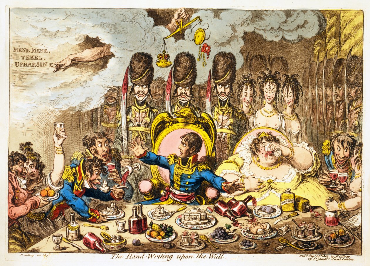 A mão-escrita na parede, pub. 1803 (gravura colorida à mão) de James Gillray