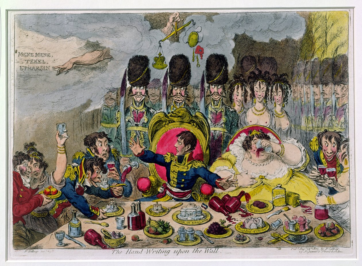 The Hand-Writing on the Wall, publicado por Hannah Humphrey em 1803 (gravura à mão colorida) de James Gillray