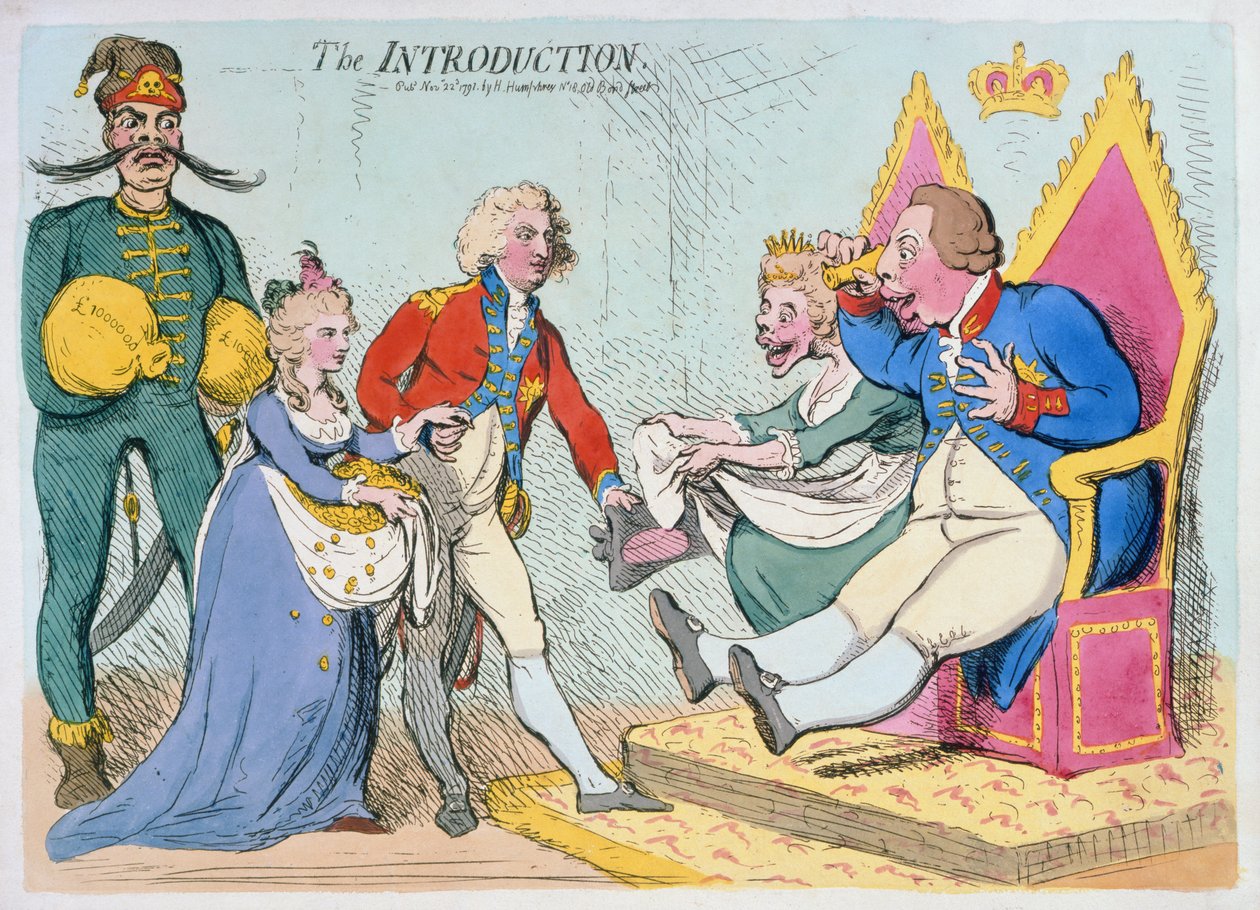 The Introduction, publicado por Hannah Humphrey, 1791 (gravura à mão colorida) de James Gillray