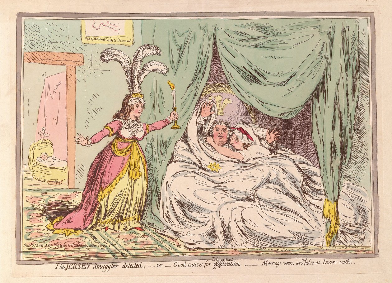 O Smuggler de Jersey detectou, ou boa causa para a separação, os votos de casamento são falsos como Dicers juramentos, pub. 1796 (gravura colorida à mão) de James Gillray