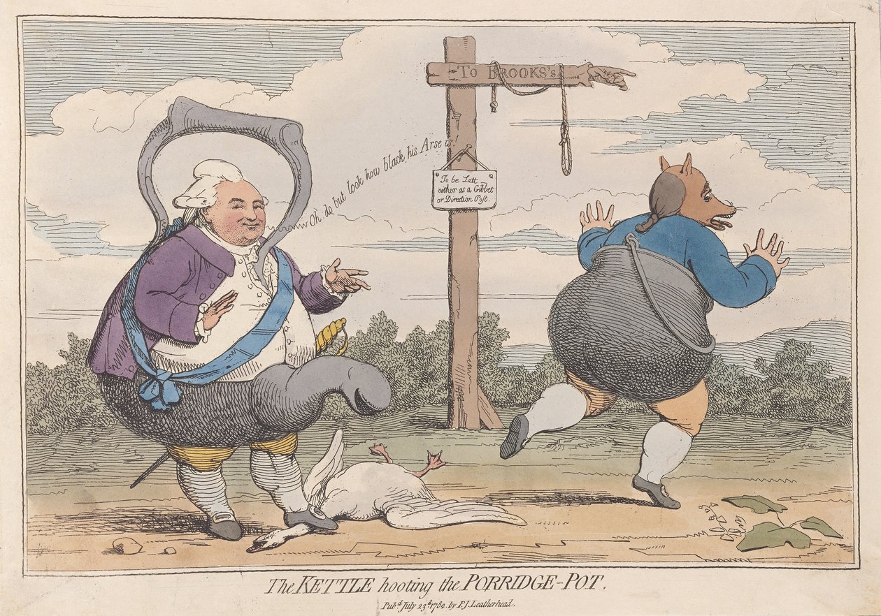 A chaleira que Hooting o Porridge-Pot, bar. 1782 (gravura colorida à mão) de James Gillray