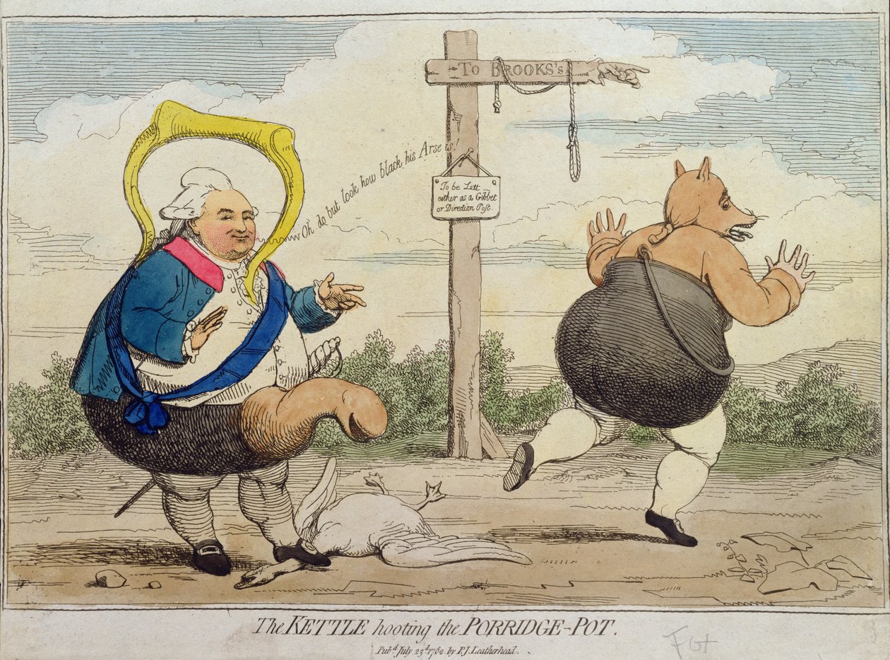 The Kettle Hooting the Porridge-Pot, publicado por PJ Leatherhead em 1782 (gravura à mão colorida) de James Gillray