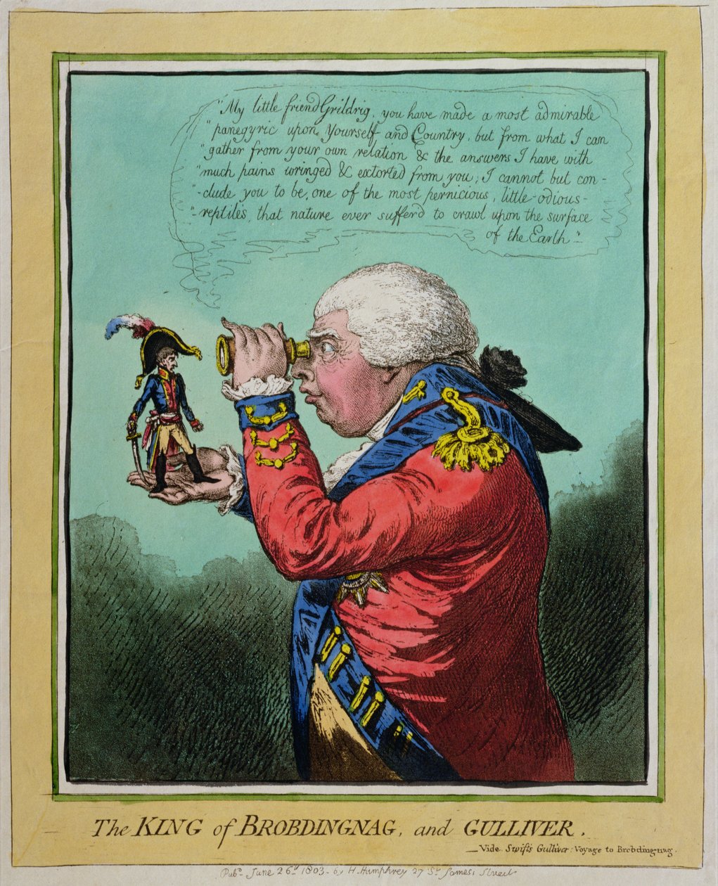 O rei de Brobdingnag e Gulliver, publicado por Hannah Humphrey em 1803 (gravura à mão colorida) de James Gillray