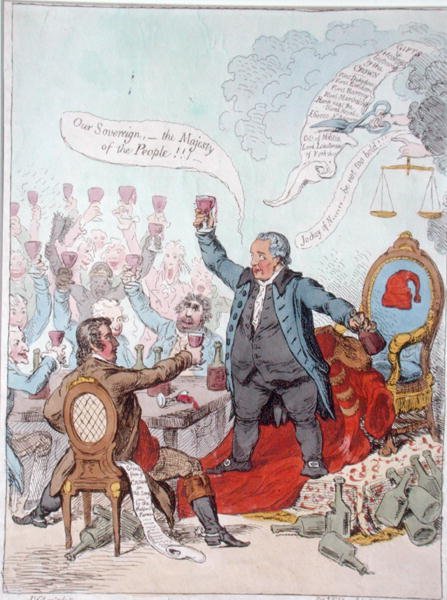 The Loyal Toast, publicado por Hannah Humphrey em 1798 (gravura colorida à mão) de James Gillray