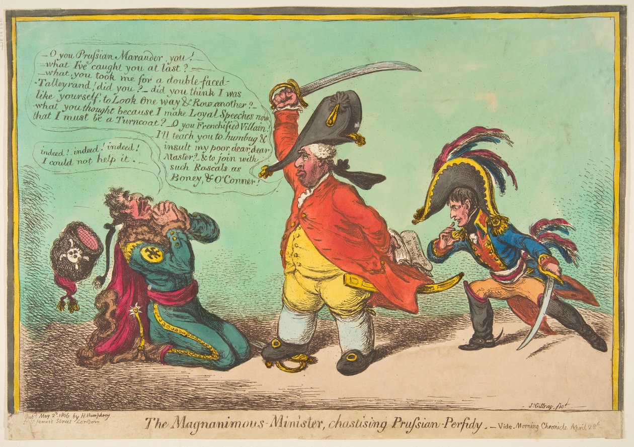 O magnânimo-ministro, criticando a perfídia prussiana, pub. 1806 (gravura colorida à mão) de James Gillray