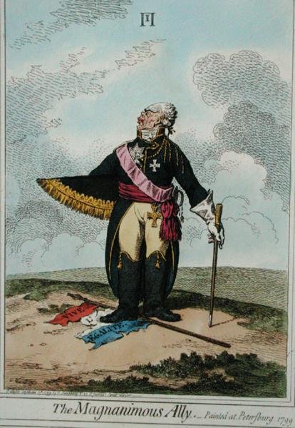 The Magnanimous Ally, publicado por Hannah Humphrey em 1799 (gravura colorida à mão) de James Gillray
