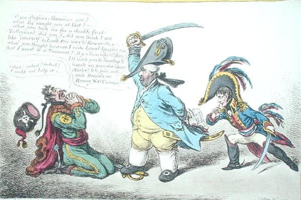 O Ministro Magnânimo Chastising Prussian Perfidy, publicado por Hannah Humphrey em 1806 (gravura colorida à mão) de James Gillray