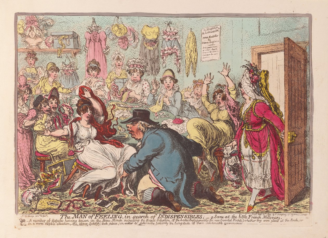 O homem do sentimento em busca de indispensáveis; uma cena no pequeno francês Milliners, pub. 1800 (gravura colorida à mão) de James Gillray
