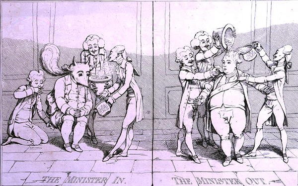 The Minister In - The Minister Out, publicado por William Humphrey em 1782 (gravura) de James Gillray
