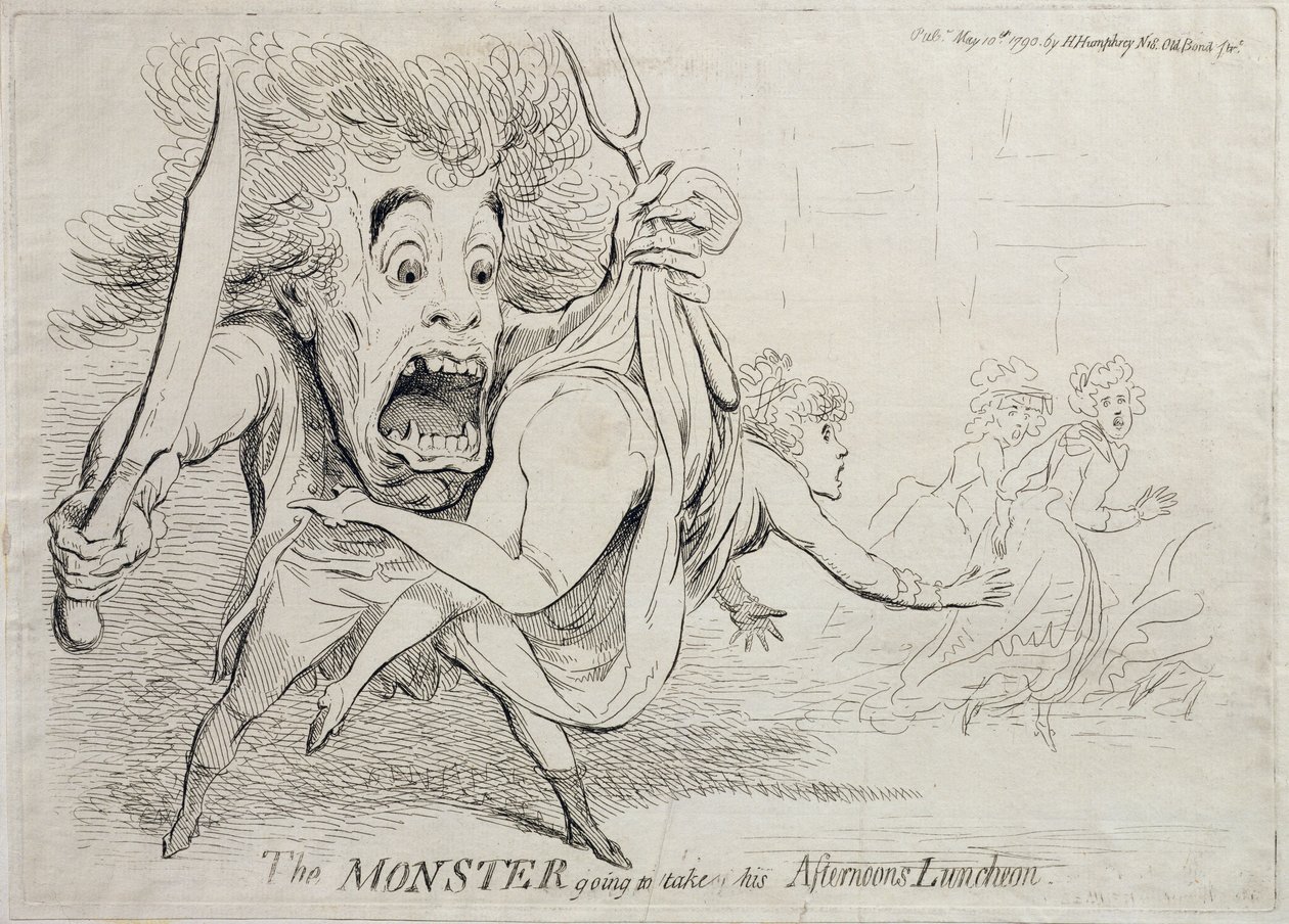 O Monstro vai levar seu almoço de tardes, publicado por Hannah Humphrey em 1790 de James Gillray