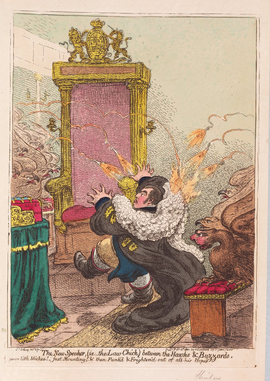 O novo orador, (ou seja, o Law-Chick) entre Hawks e Buzzards, pub. 1800 (gravura colorida à mão) de James Gillray