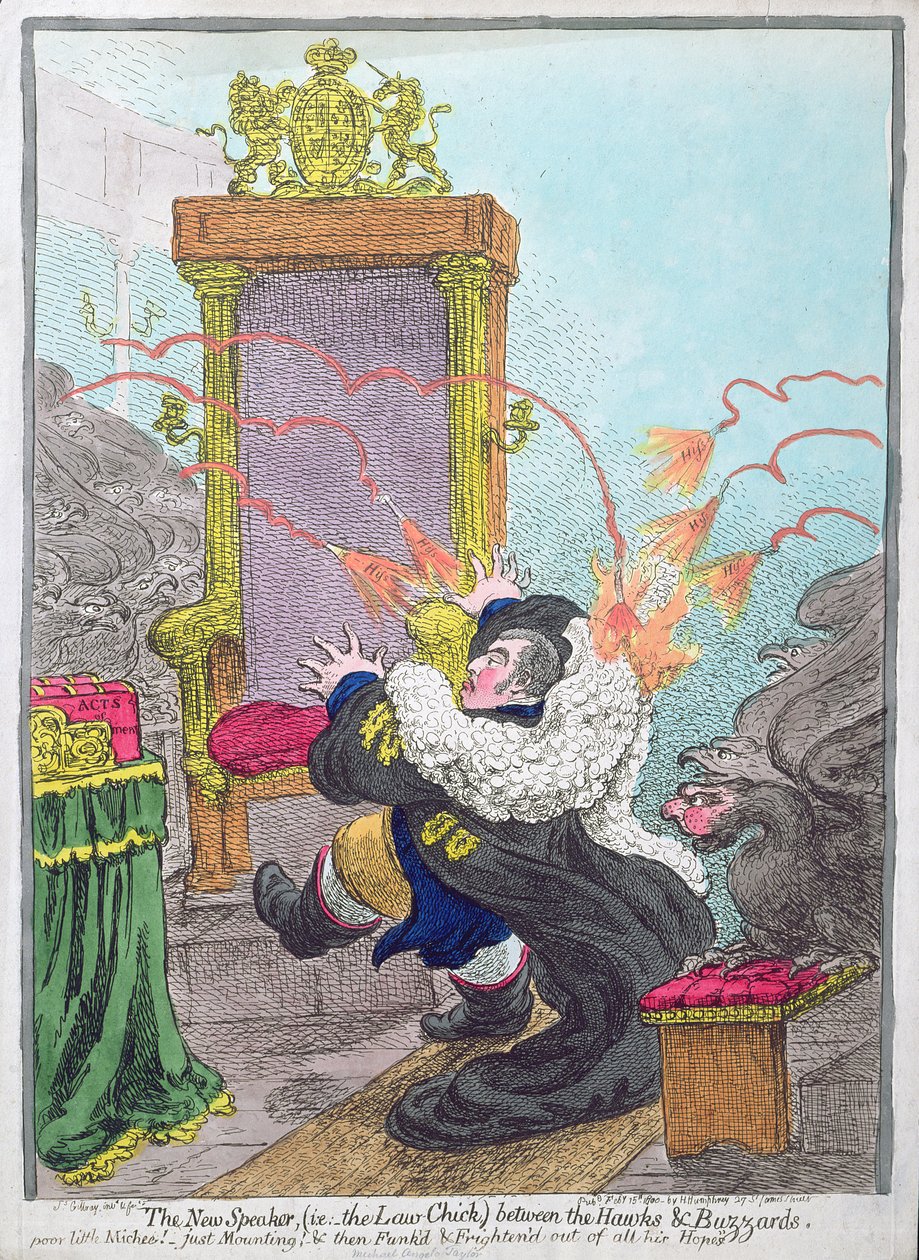 O Novo Orador (isto é, o Law-Chick) entre os Hawks und the Buzzards, publicado por Hannah Humphrey em 1800 (gravura à mão colorida) de James Gillray