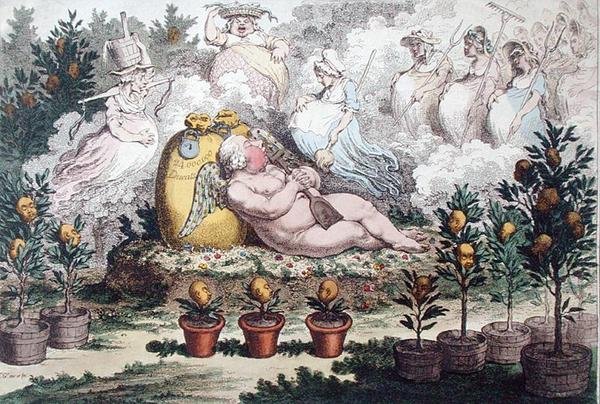 The Orangerie, ou The Dutch Cupid reposing, After the Fatigues of Planting, publicado por Hannah Humphrey em 1796 (gravura colorida à mão) de James Gillray