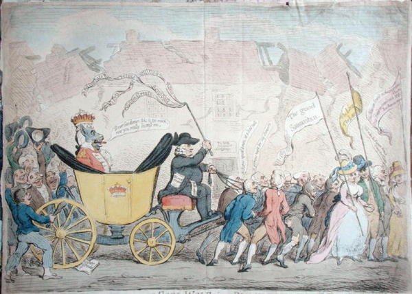 The Pacific Entrance of Earl-Wolf into Blackhaven, publicado por Hannah Humphrey em 1792 (gravura colorida à mão) de James Gillray