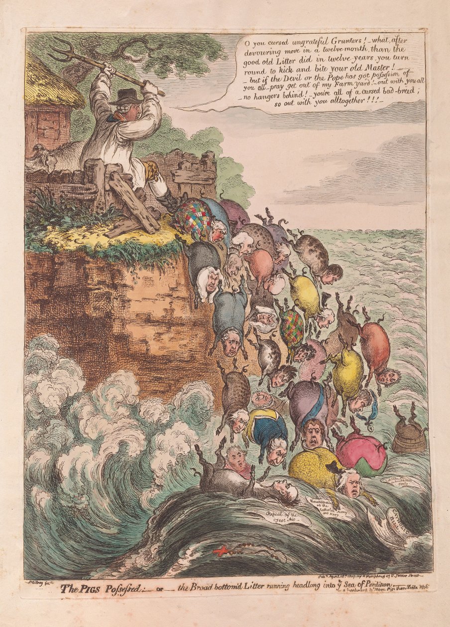 Os Porcos Possuídos: ou a Liteira de fundo largo correndo de cabeça no Mar de Perdição, pub. 1807 (gravura colorida à mão) de James Gillray