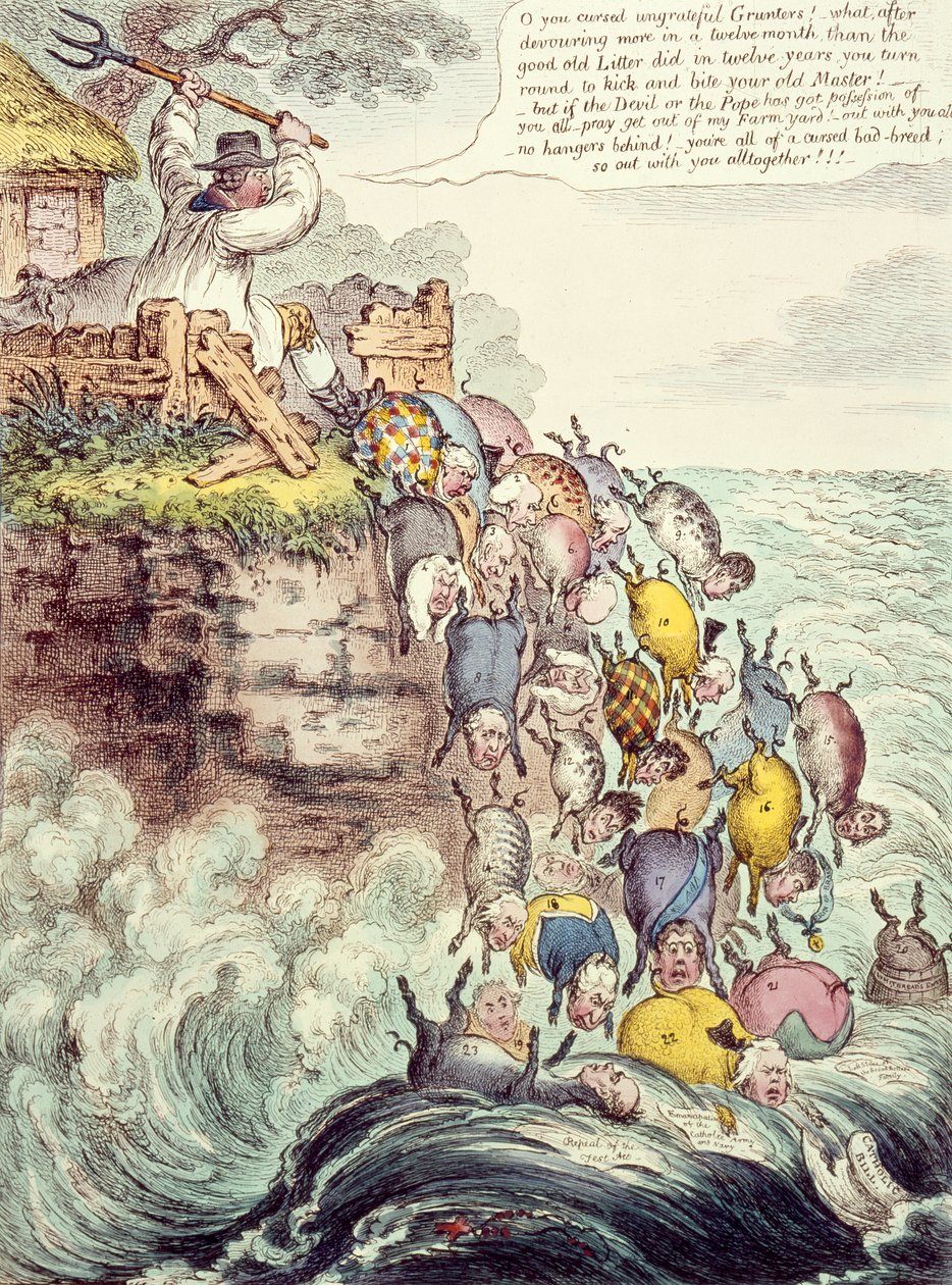 Os Porcos Possuídos, ou a Serapilheira de Fundo Largo que corre de cabeça no Mar de Perdição, 1807 de James Gillray