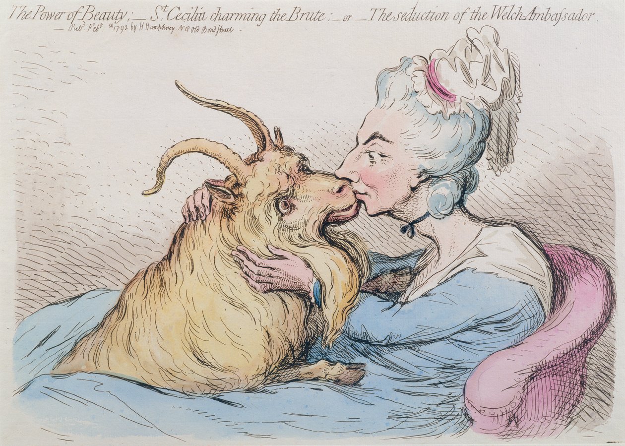 O poder da beleza: Santa Cecília Encantando o Bruto, ou A sedução do Embaixador Welch, publicado por Hannah Humphrey em 1792 (gravura colorida à mão) de James Gillray