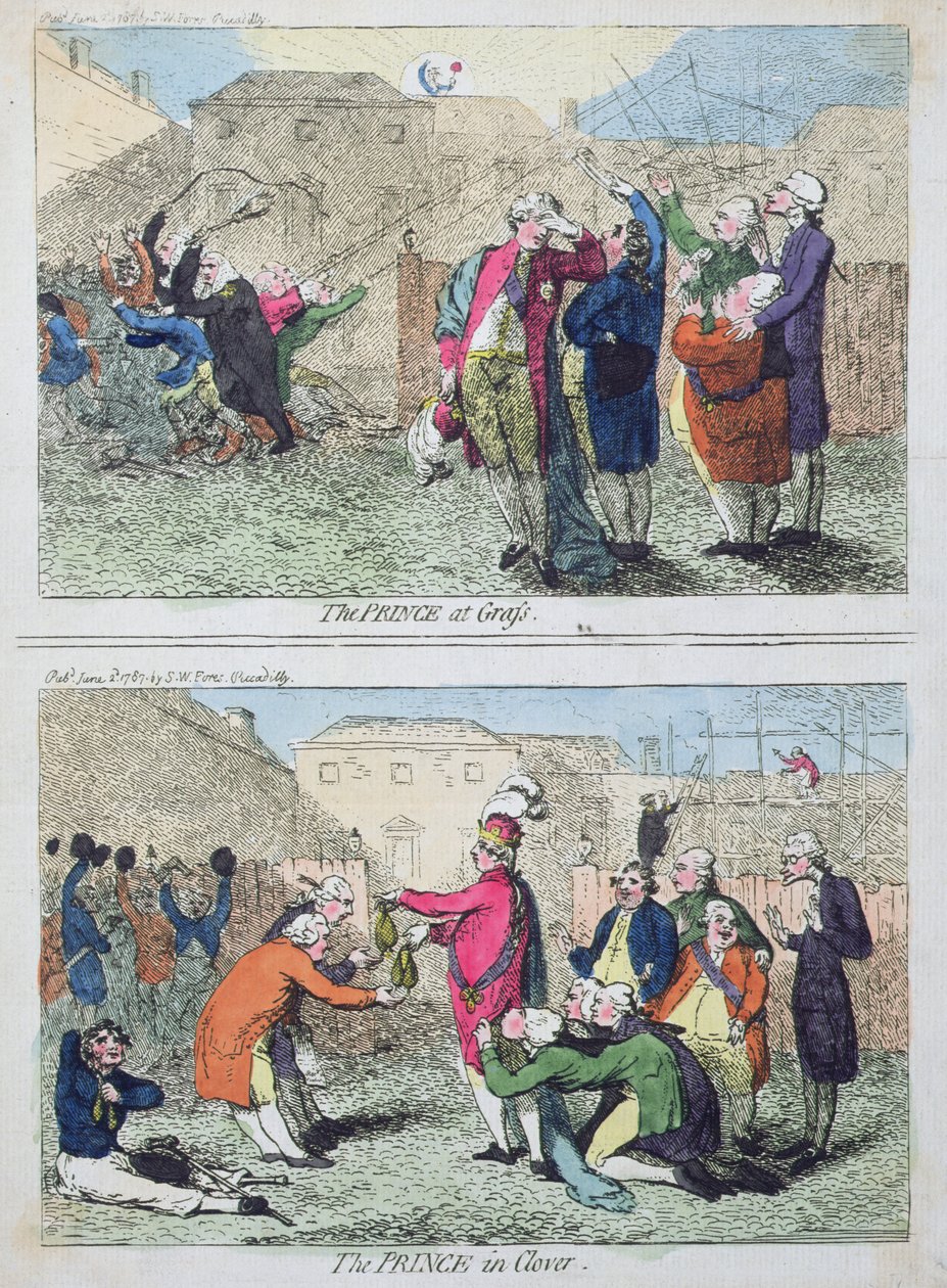 The Prince at Grass and The Prince in Clover, publicado pela S.W. Fores em 1787 (gravura colorida à mão) de James Gillray