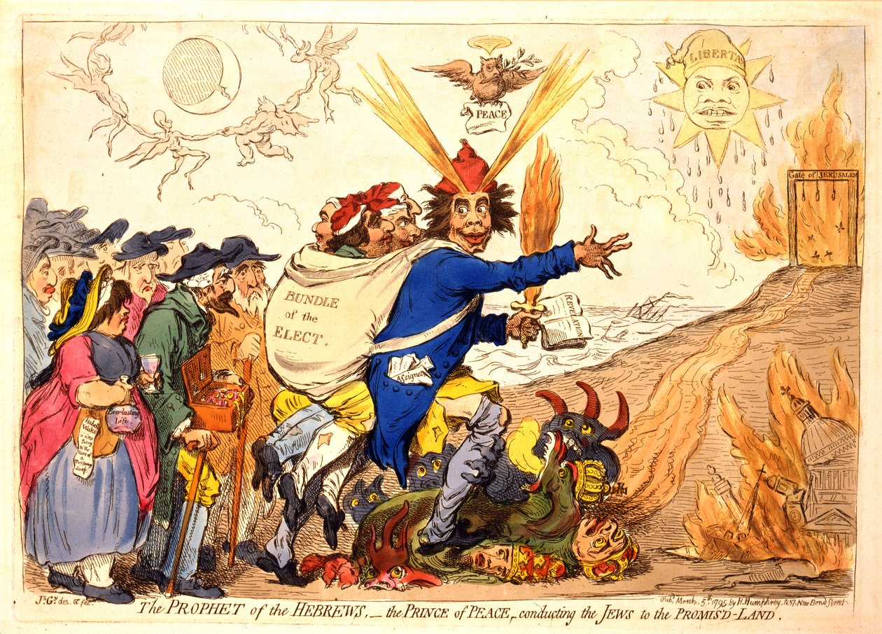 O Profeta dos Hebreus - o Príncipe da Paz conduzindo os judeus à Terra Prometida, pub. Hannah Humphrey, 1795 (gravura colorida à mão) de James Gillray
