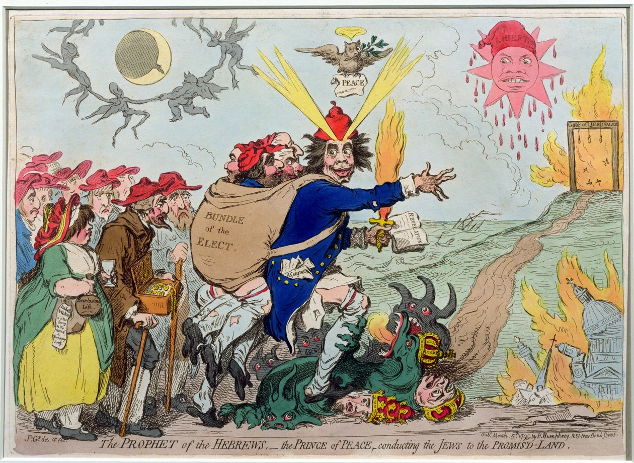 O Profeta dos Hebreus: o Príncipe da Paz conduzindo os judeus à Terra Prometida, publicado por Hannah Humphrey em 1795 (gravura à mão colorida) de James Gillray