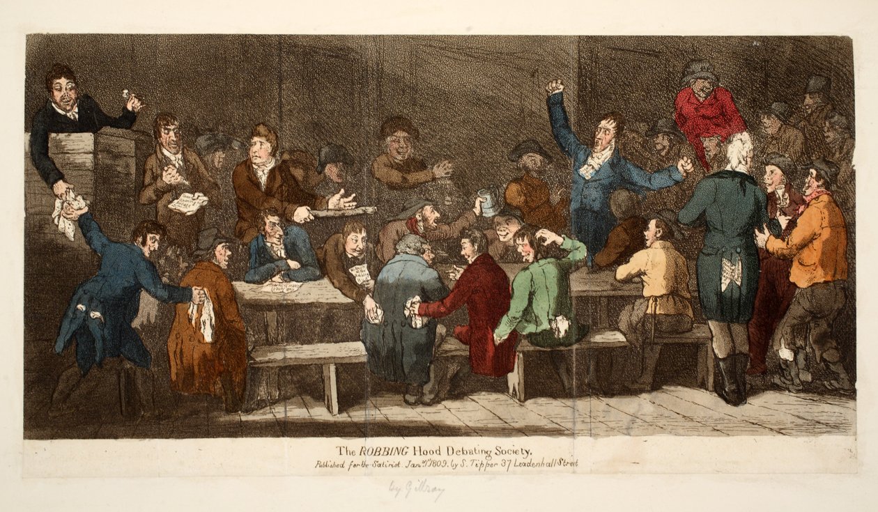 A sociedade de debate do capuz ROBBING, pub S. Tipper, 1 de janeiro de 1809 (gravura colorida à mão) de James Gillray