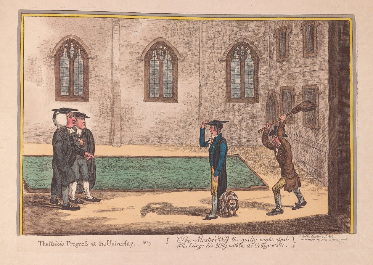 Os Rakes Progress na Universidade. No. 3, pub. 1806 (gravura colorida à mão) de James Gillray