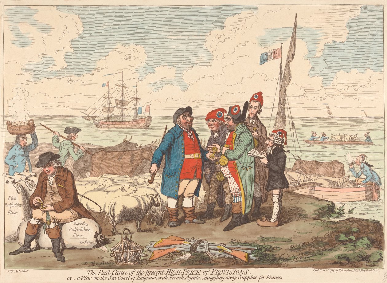 A verdadeira causa do actual preço elevado dos mantimentos, ou uma vista da costa de Inglaterra, com agentes franceses a contrabandear provisões para França de James Gillray