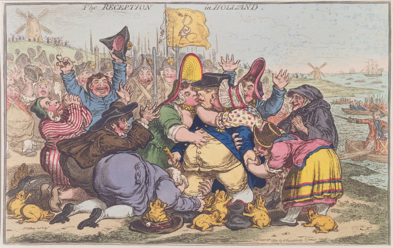 A recepção na Holanda, publicada por Hannah Humphrey em 1799 (gravura à mão colorida) de James Gillray