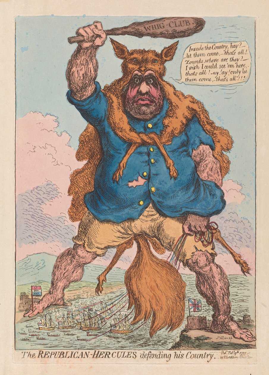 O republicano Hércules defendendo seu país, bar. 1797 (gravura colorida à mão) de James Gillray