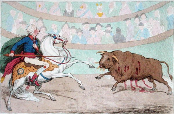 The Royal Bull-Fight, publicado por Hannah Humphrey em 1795 (gravura colorida à mão) de James Gillray