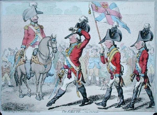 The Salute, ou The Parade, publicado por Hannah Humphrey em 1797 (gravura colorida à mão) de James Gillray