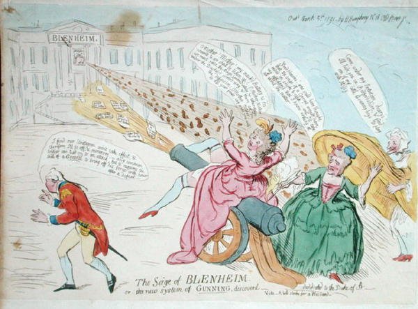 O Cerco de Blenheim, ou O novo sistema de Gunning descoberto, publicado por Hannah Humphrey em 1791 (gravura colorida à mão) de James Gillray