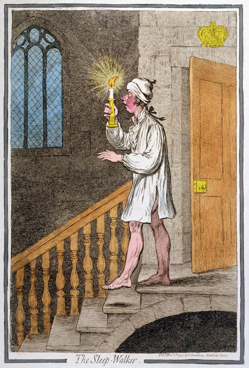 The Sleep-Walker, publicado por Hannah Humphrey em 1795 (etching colorido à mão0 de James Gillray