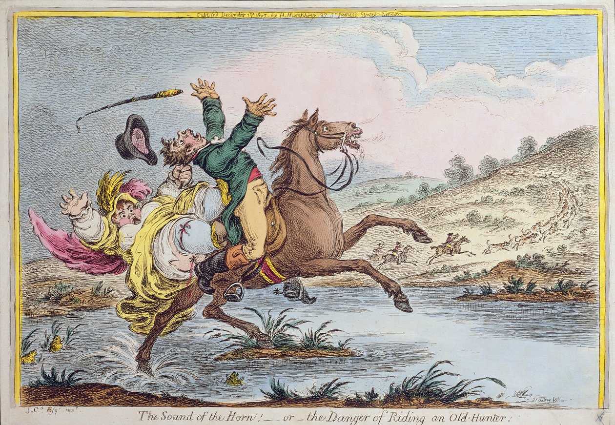 O som do chifre, ou o perigo de montar um velho caçador, publicado por Hannah Humphrey em 1807 (gravura à mão colorida) de James Gillray
