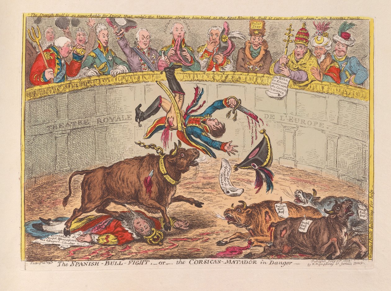 A luta de Bull espanhola ou o matador corso no perigo, bar. 1805 (gravura colorida à mão) de James Gillray
