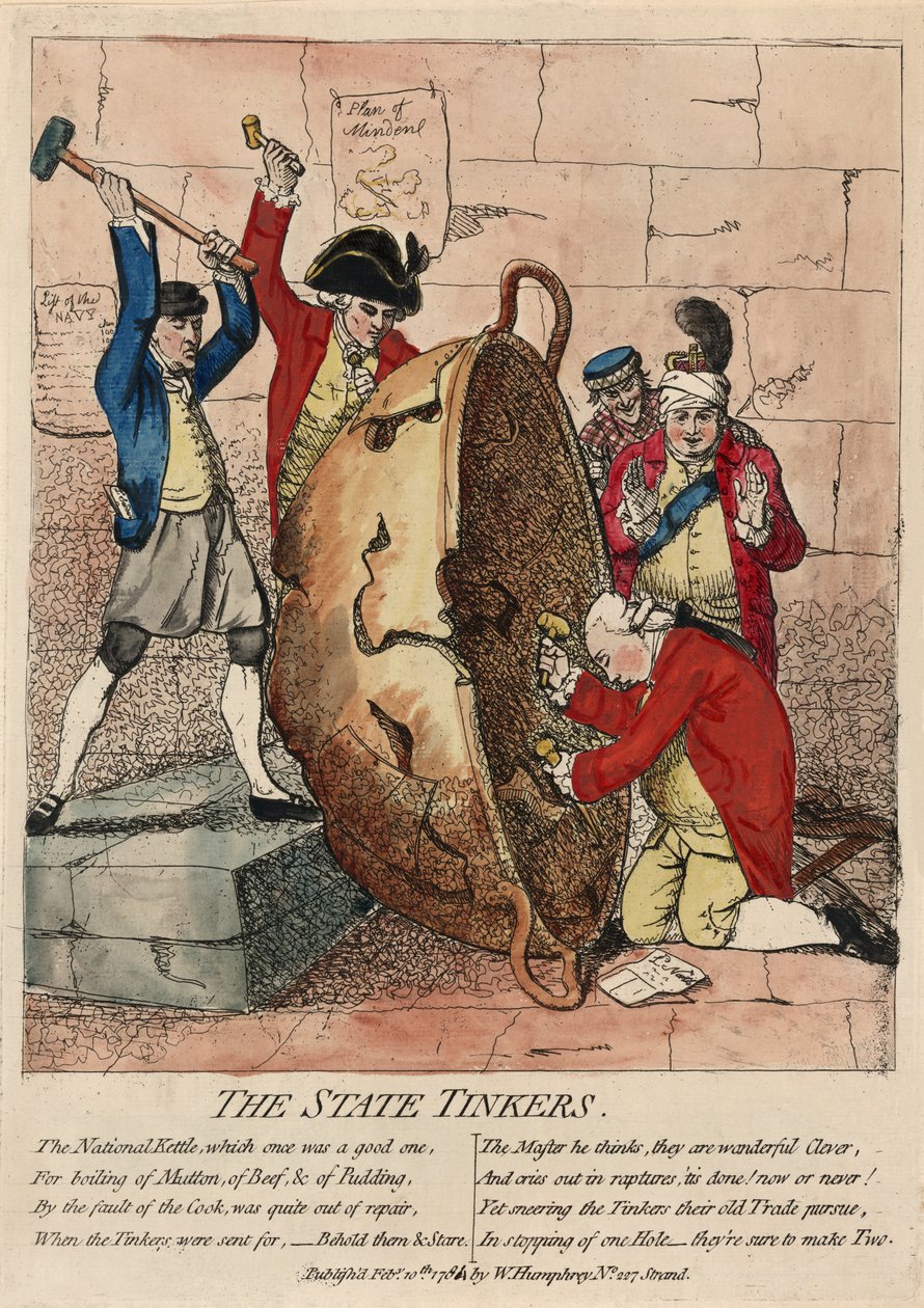 The State Tinkers, publicado por W. Humphrey, 10 de fevereiro de 1780 (gravura colorida à mão) de James Gillray