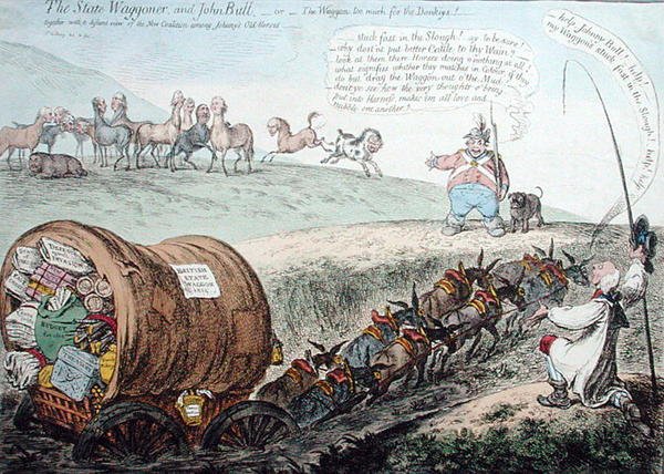The State Waggoner and John Bull, ou O Waggon demais para os burros! publicado por Hannah Humphrey em 1804 (gravura colorida à mão) de James Gillray