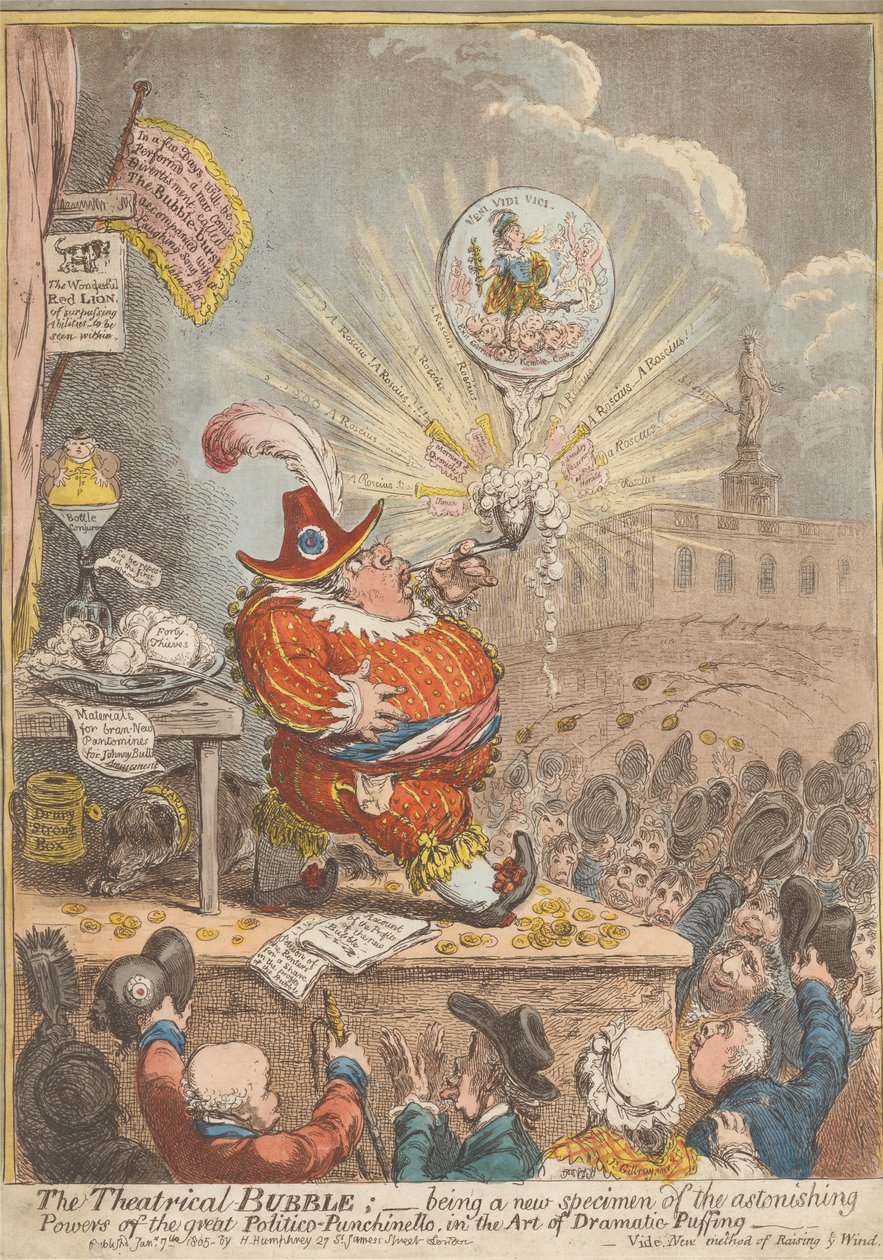 A Bolha Teatral: Ser um Novo Espécime dos Espantosos Poderes da Grande Politico-Punchinello, na arte do Puffing Dramático de James Gillray