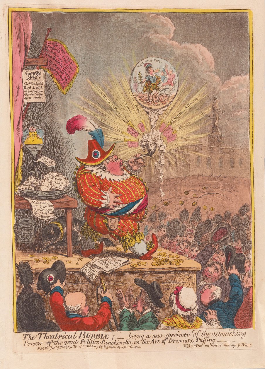 A Bolha Teatral: sendo um novo exemplar dos espantosos Poderes do grande Politico-Punchinello na Arte do Dramático Puffing, pub. 1805 (gravura colorida à mão) de James Gillray