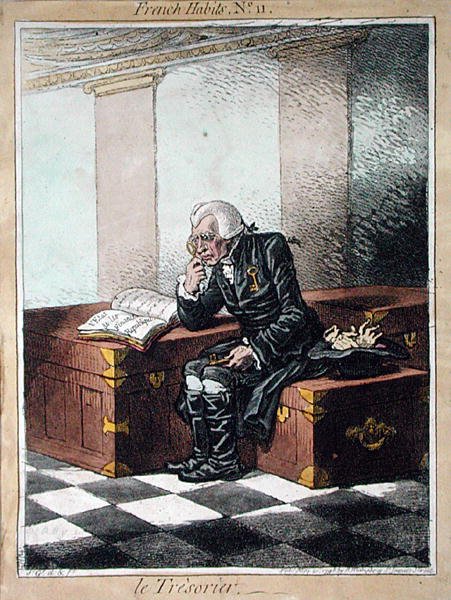 O Tesoureiro, placa 11 de "Hábitos Franceses" publicada por Hannah Humphrey em 1798 (gravura colorida) de James Gillray