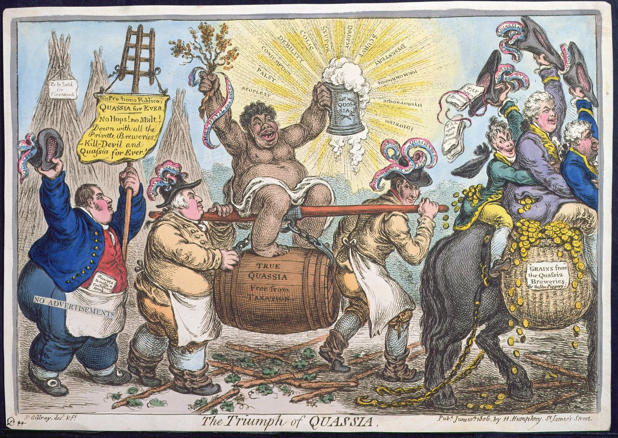 O triunfo de Quassia, publicado por Hannah Humphrey em 1806 (gravura à mão colorida) de James Gillray