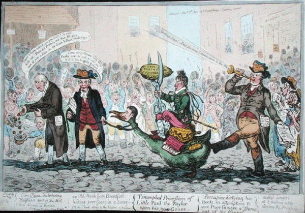 A procissão triunfal do Pequeno Paulo o Taylor sobre o seu novo ganso, publicado em 1806 (gravura colorida à mão) de James Gillray