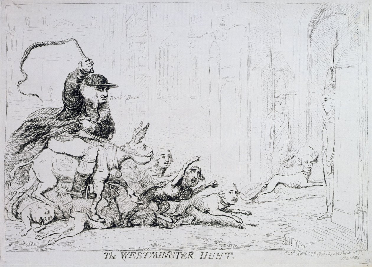 The Westminster Hunt, publicado por 1788 (gravura colorida à mão) de James Gillray