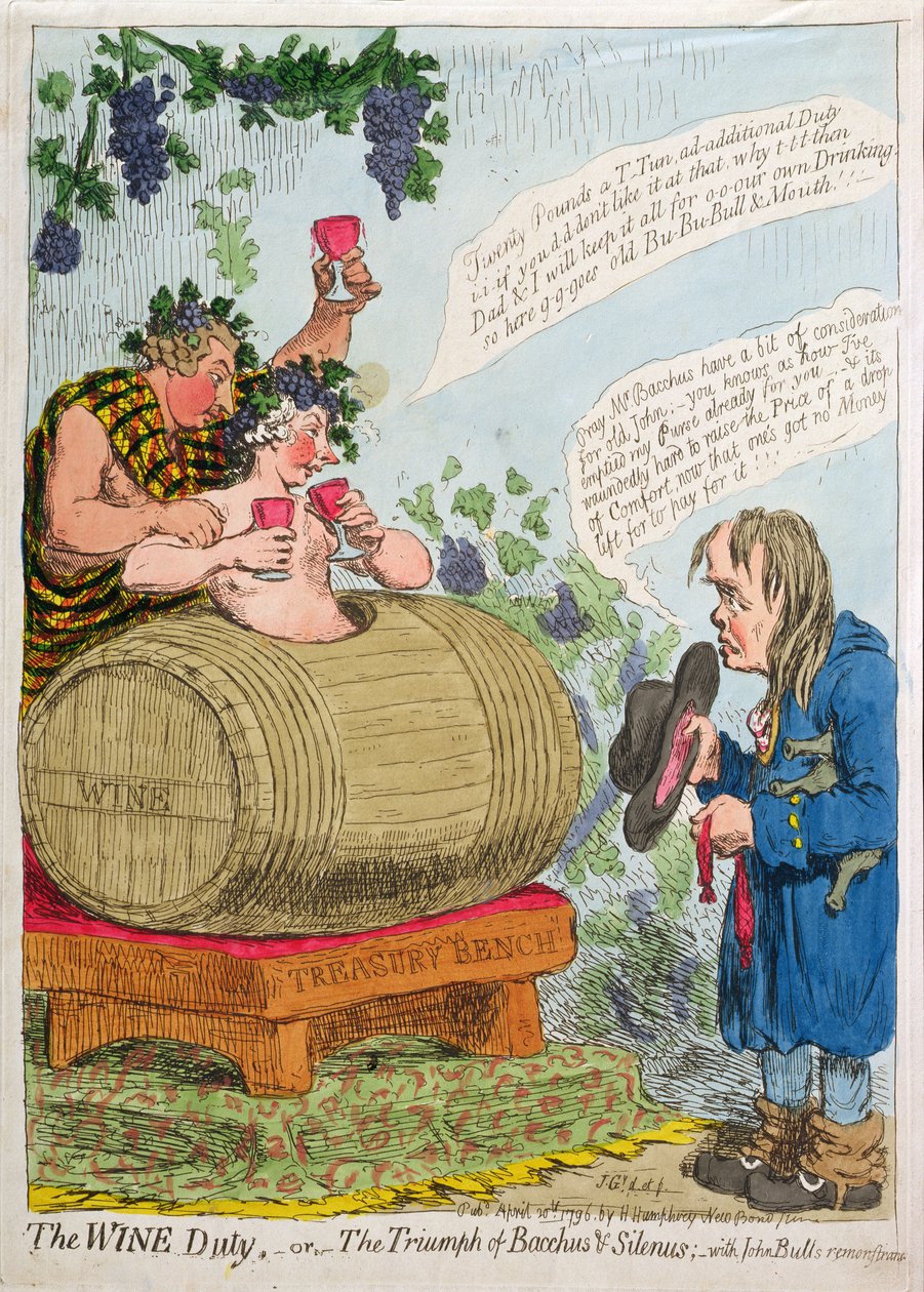 O Dever do Vinho, ou O Triunfo de Baco e Sileno com a Remtonstrance de John Bull, publicado por Hannah Humphrey em 1796 (gravura à mão colorida) de James Gillray