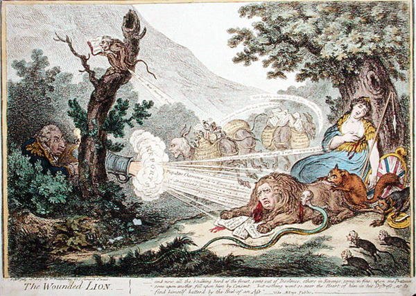 The Wounded Lion, publicado por Hannah Humphrey em 1805 (gravura colorida à mão) de James Gillray
