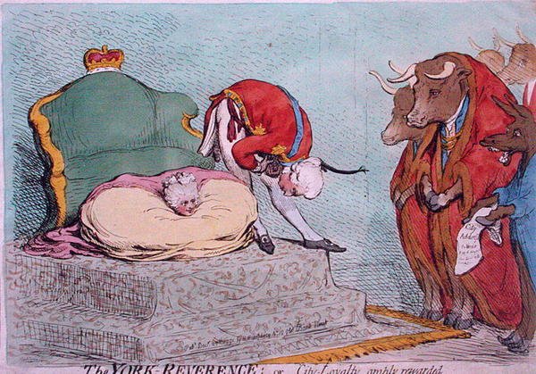 The York Reverence, ou City Loyalty, amplamente recompensado, publicado por Hannah Humphrey em 1791 (gravura colorida à mão) de James Gillray