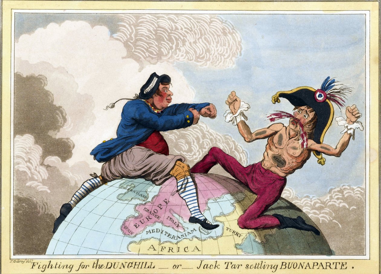A luta dos Dunghills ou Jack Tar (representando os homens da Marinha britânica) contra Napoleão Bonaparte (1769-1821) de James Gillray