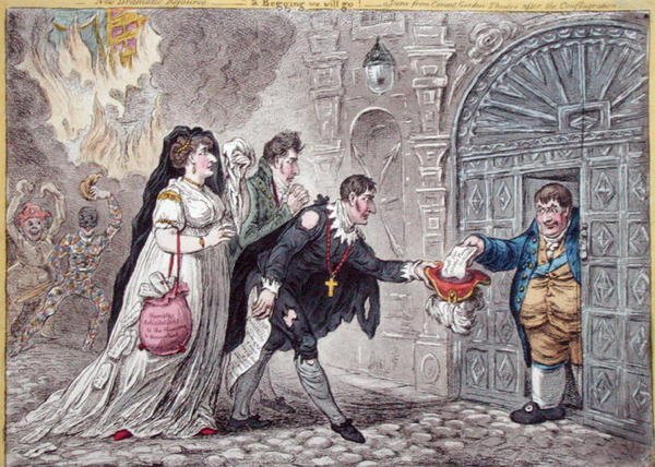 Theatrical Mendicants relieved, publicado por Hannah Humphrey em 1809 (gravura colorida à mão) de James Gillray